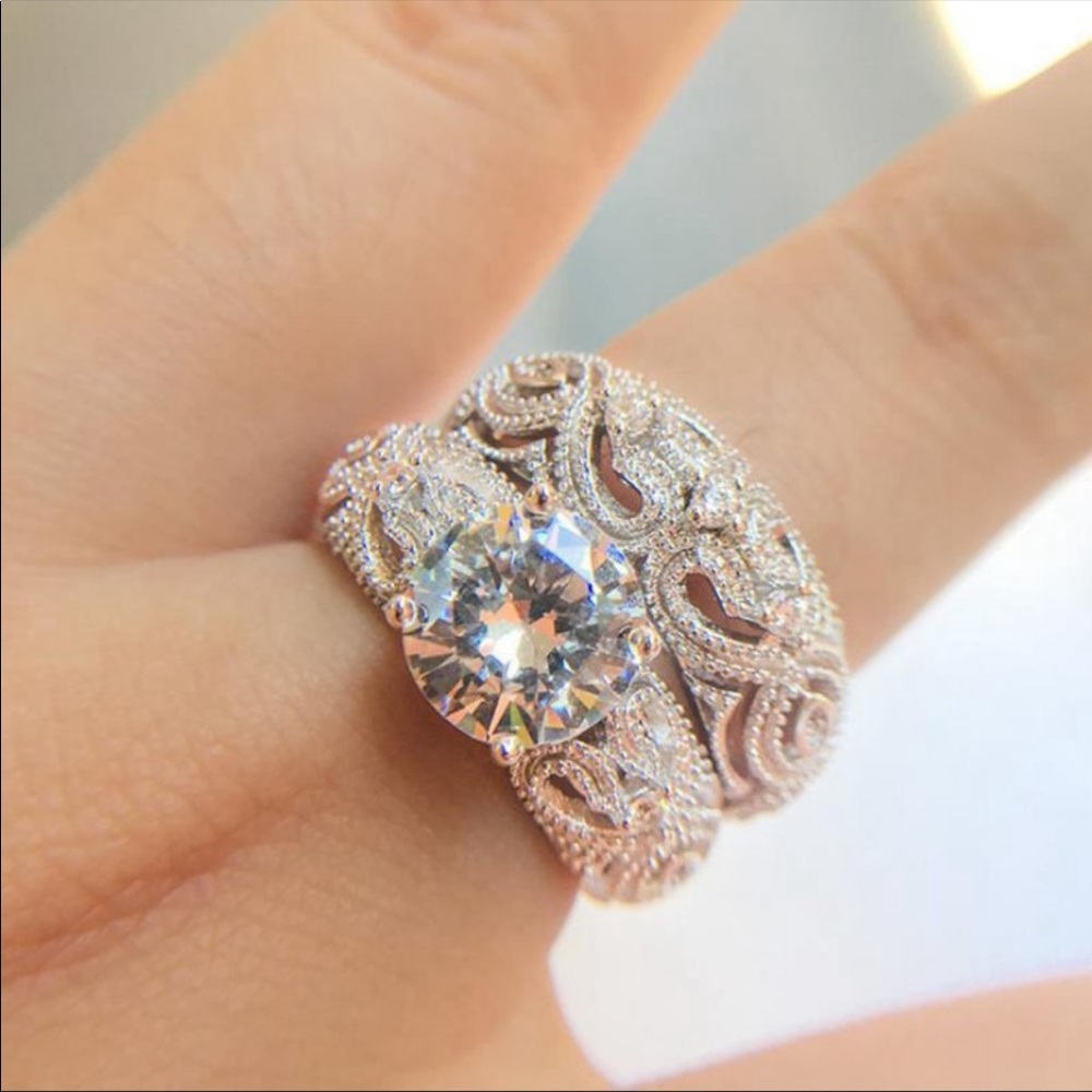 New 2pc 925 Silver Round Cut White Sapphire Ring